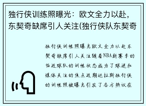 独行侠训练照曝光：欧文全力以赴，东契奇缺席引人关注(独行侠队东契奇)