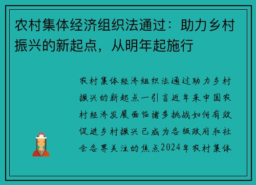 农村集体经济组织法通过：助力乡村振兴的新起点，从明年起施行