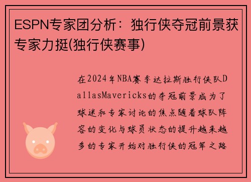 ESPN专家团分析：独行侠夺冠前景获专家力挺(独行侠赛事)