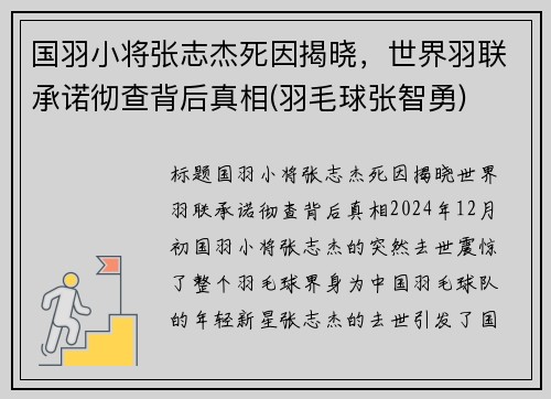 国羽小将张志杰死因揭晓，世界羽联承诺彻查背后真相(羽毛球张智勇)