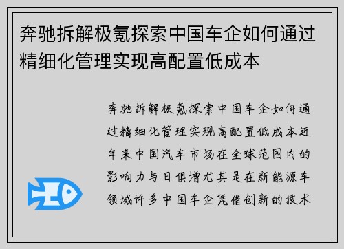 奔驰拆解极氪探索中国车企如何通过精细化管理实现高配置低成本