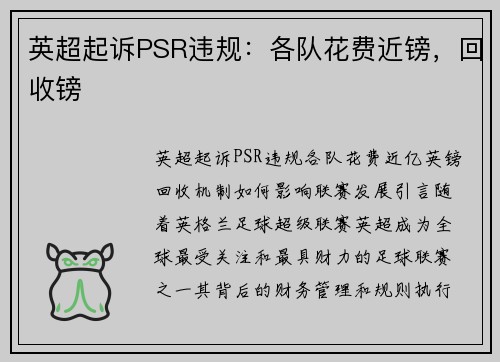 英超起诉PSR违规：各队花费近镑，回收镑