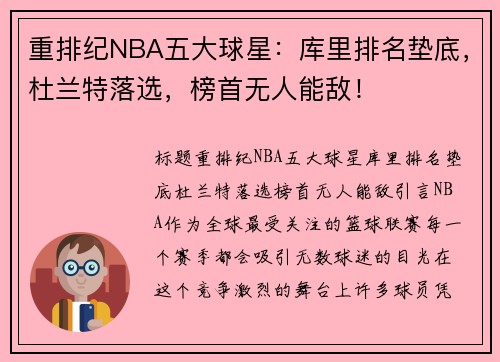 重排纪NBA五大球星：库里排名垫底，杜兰特落选，榜首无人能敌！