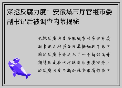 深挖反腐力度：安徽城市厅官继市委副书记后被调查内幕揭秘