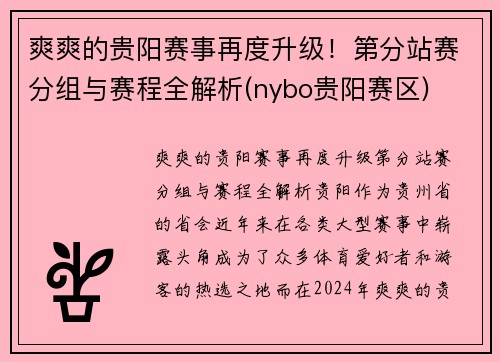 爽爽的贵阳赛事再度升级！第分站赛分组与赛程全解析(nybo贵阳赛区)